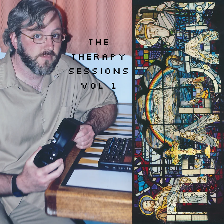 The Therapy Sessions Vol 1 — album cover showing a man holding a camera at an electric keyboard, beside a stained glass panel