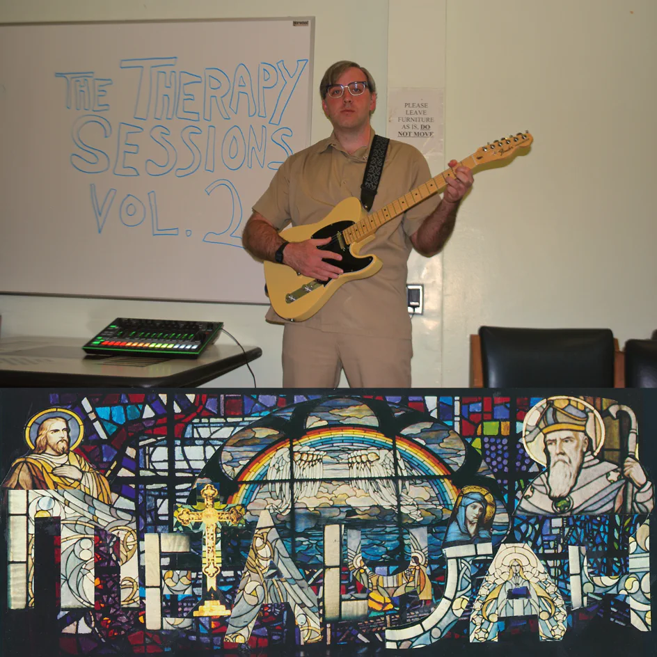 The Therapy Sessions Vol. 2 — album cover showing a man playing electric guitar in front of a whiteboard with the album title, above a stained glass mural